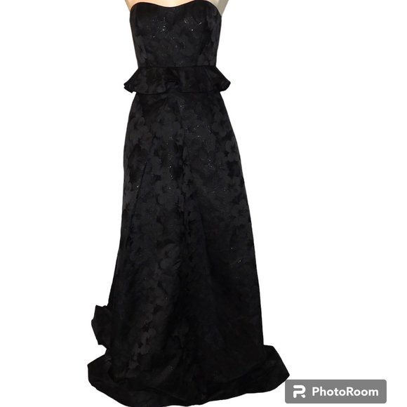 ML Monique Lhuillier Strapless Floral Jacquard Peplum Gown - Picture 3 of 16